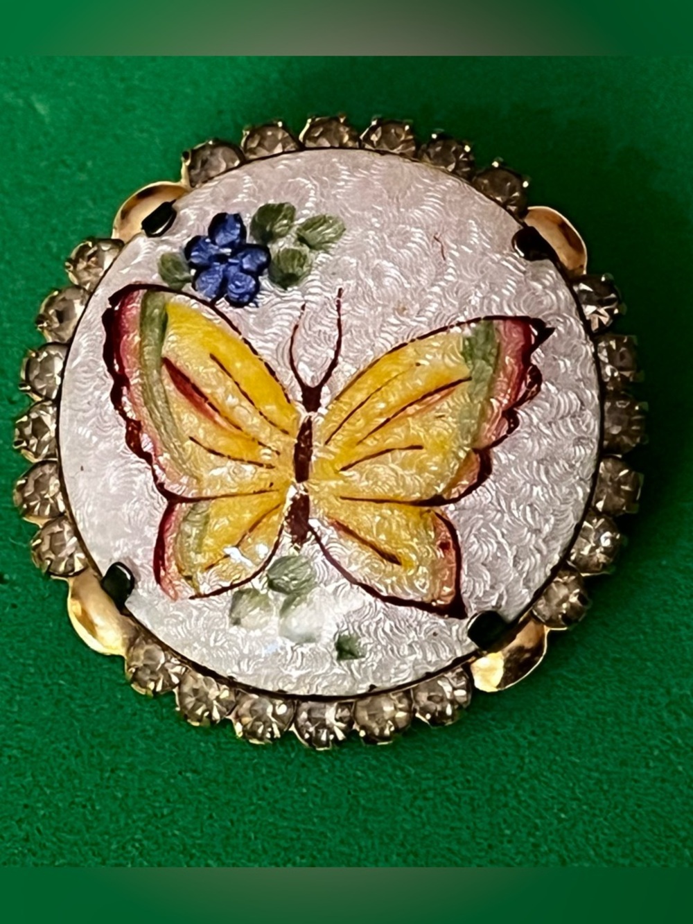 Vintage Enamel Guilloche Engine Turned Enamel Rhinestone Brooch Pin